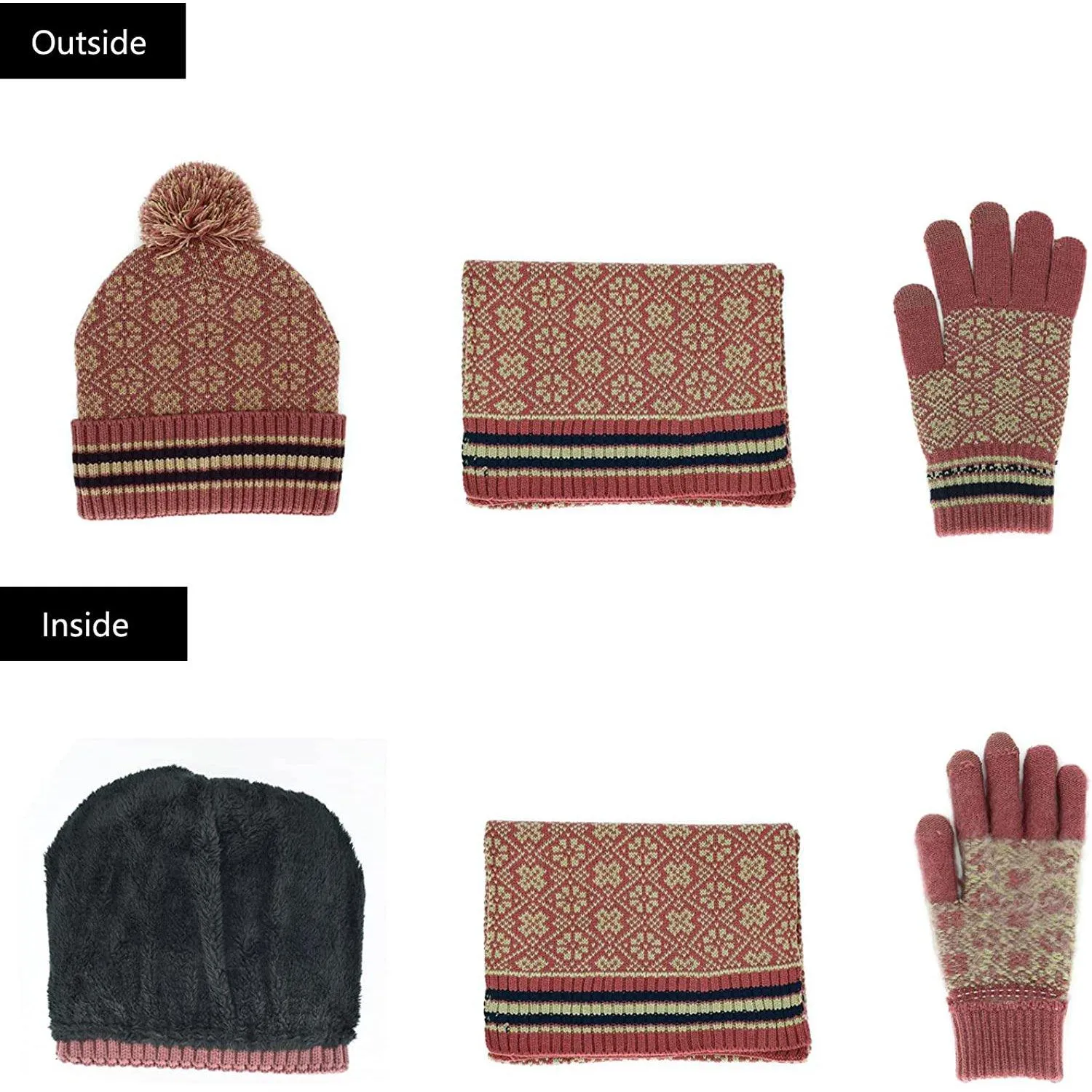 3-in-1 Soft Warm Thick Cable Knitted Beanie Hat Scarf and Gloves Winter Set