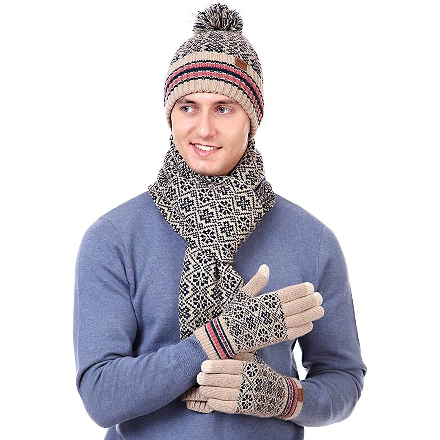 3-in-1 Soft Warm Thick Cable Knitted Beanie Hat Scarf and Gloves Winter Set