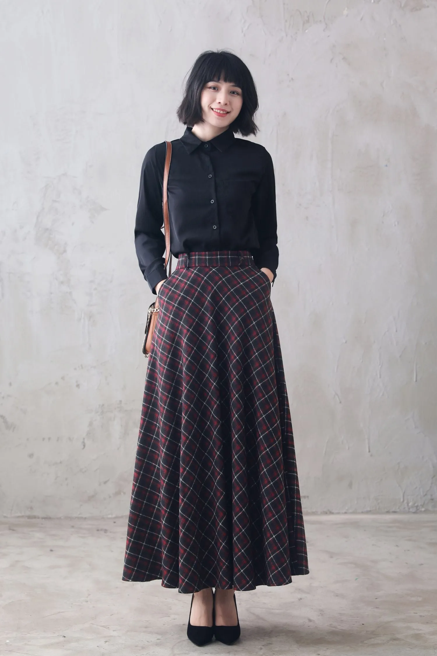 40s Wool Maxi Plaid Skirt Women 3100