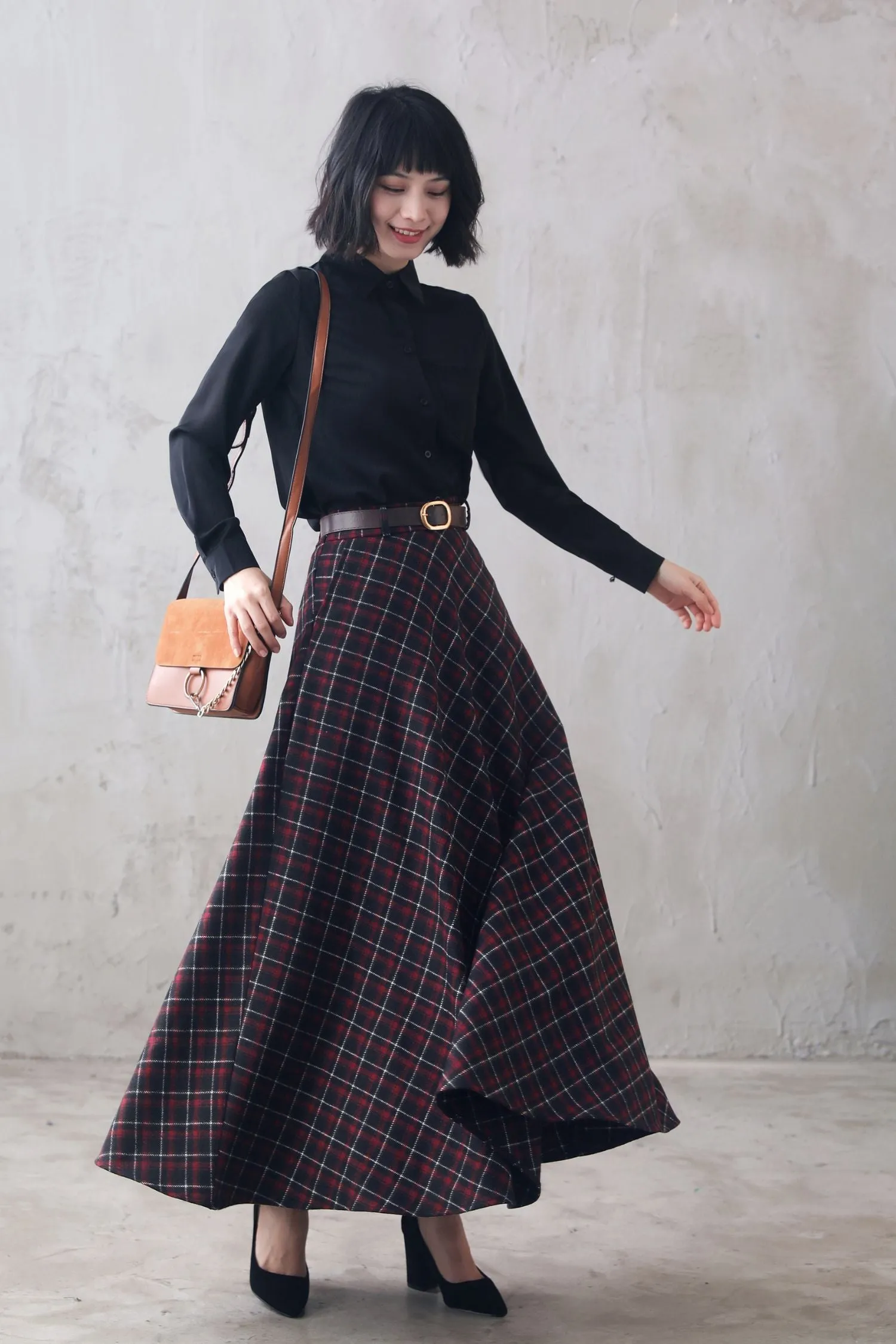 40s Wool Maxi Plaid Skirt Women 3100