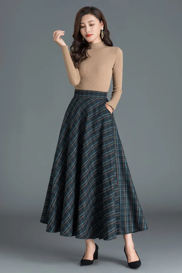 50s Women Midi Plaid Wool Skirt 3808