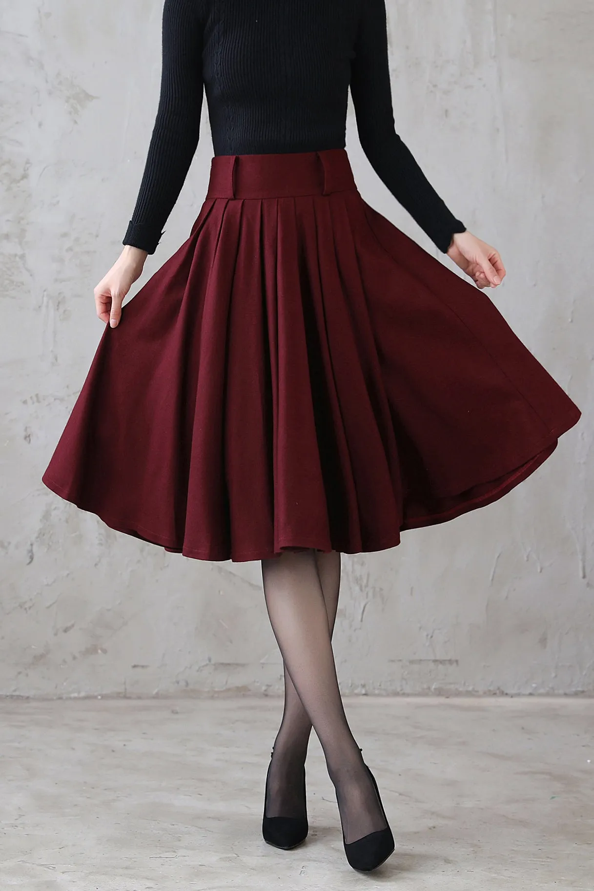 A Line Pleated Burgundy Midi Wool Circle Skirt 3110