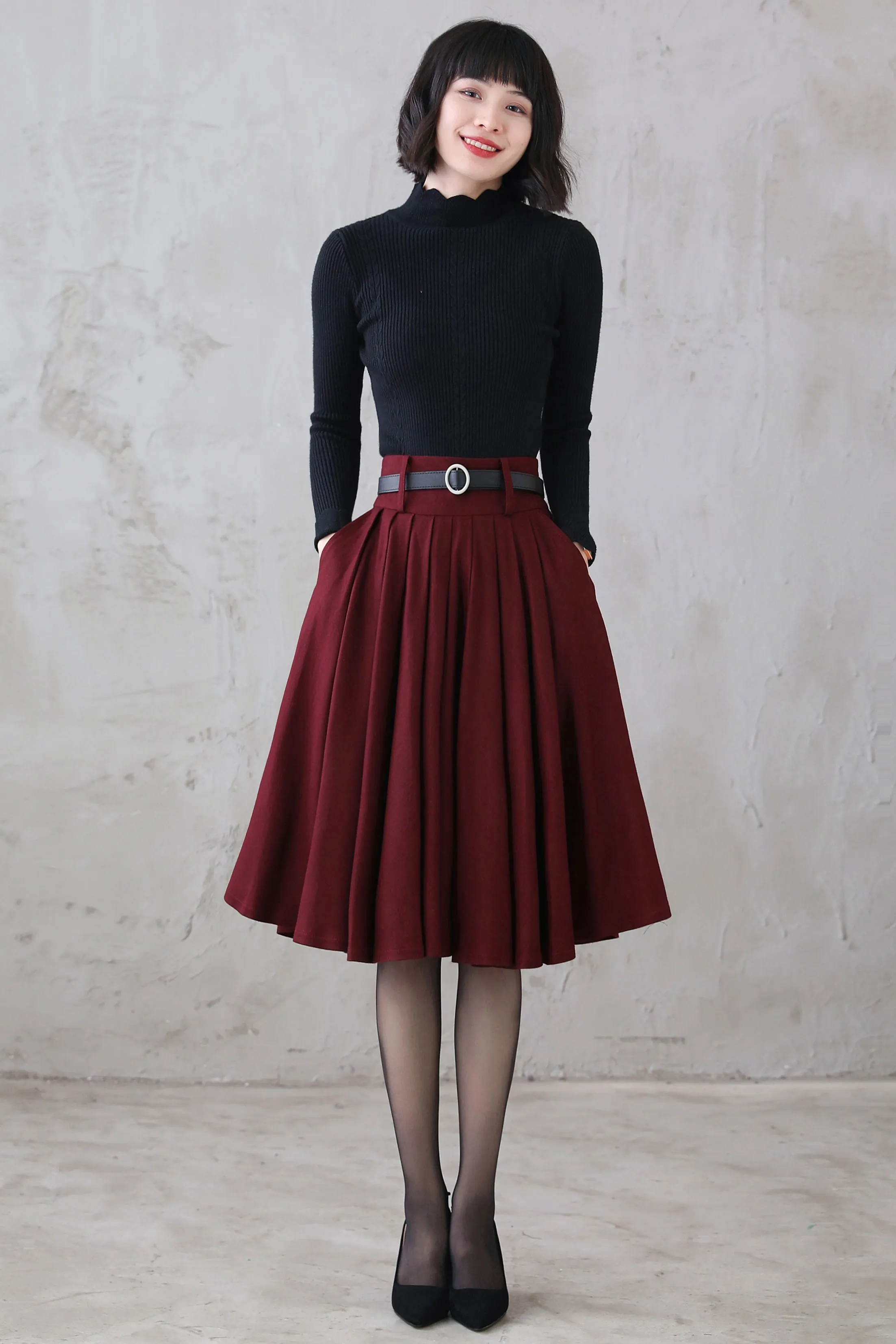 A Line Pleated Burgundy Midi Wool Circle Skirt 3110