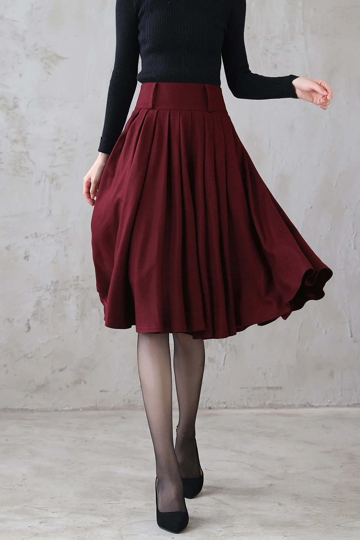 A Line Pleated Burgundy Midi Wool Circle Skirt 3110