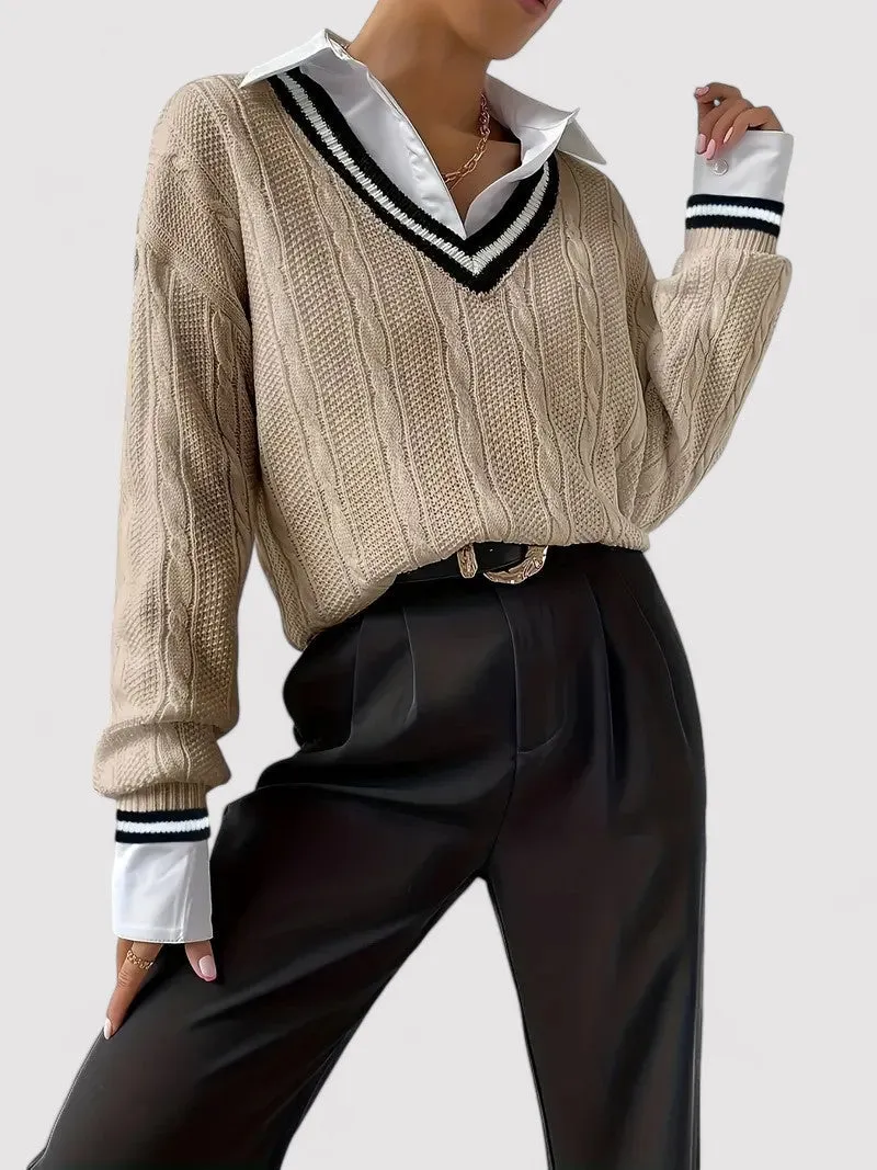 Ancien | Elegant Cable Knit V-neck Ladies Sweater