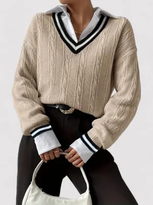 Ancien | Elegant Cable Knit V-neck Ladies Sweater