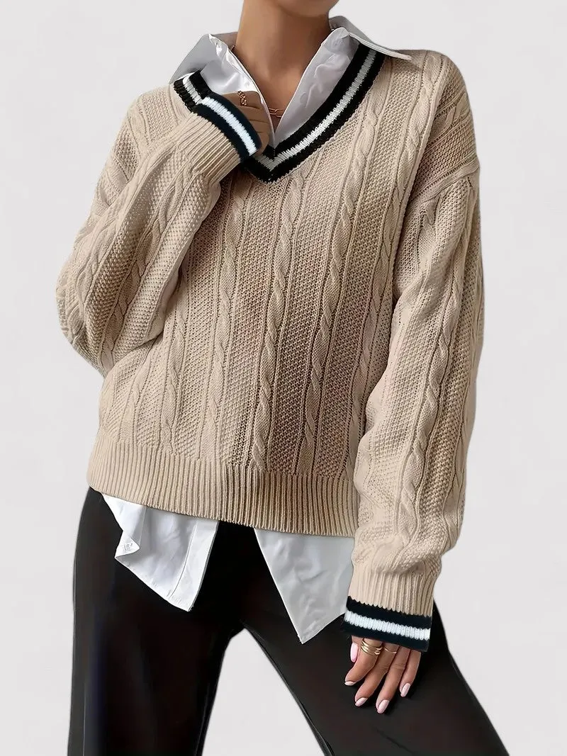 Ancien | Elegant Cable Knit V-neck Ladies Sweater