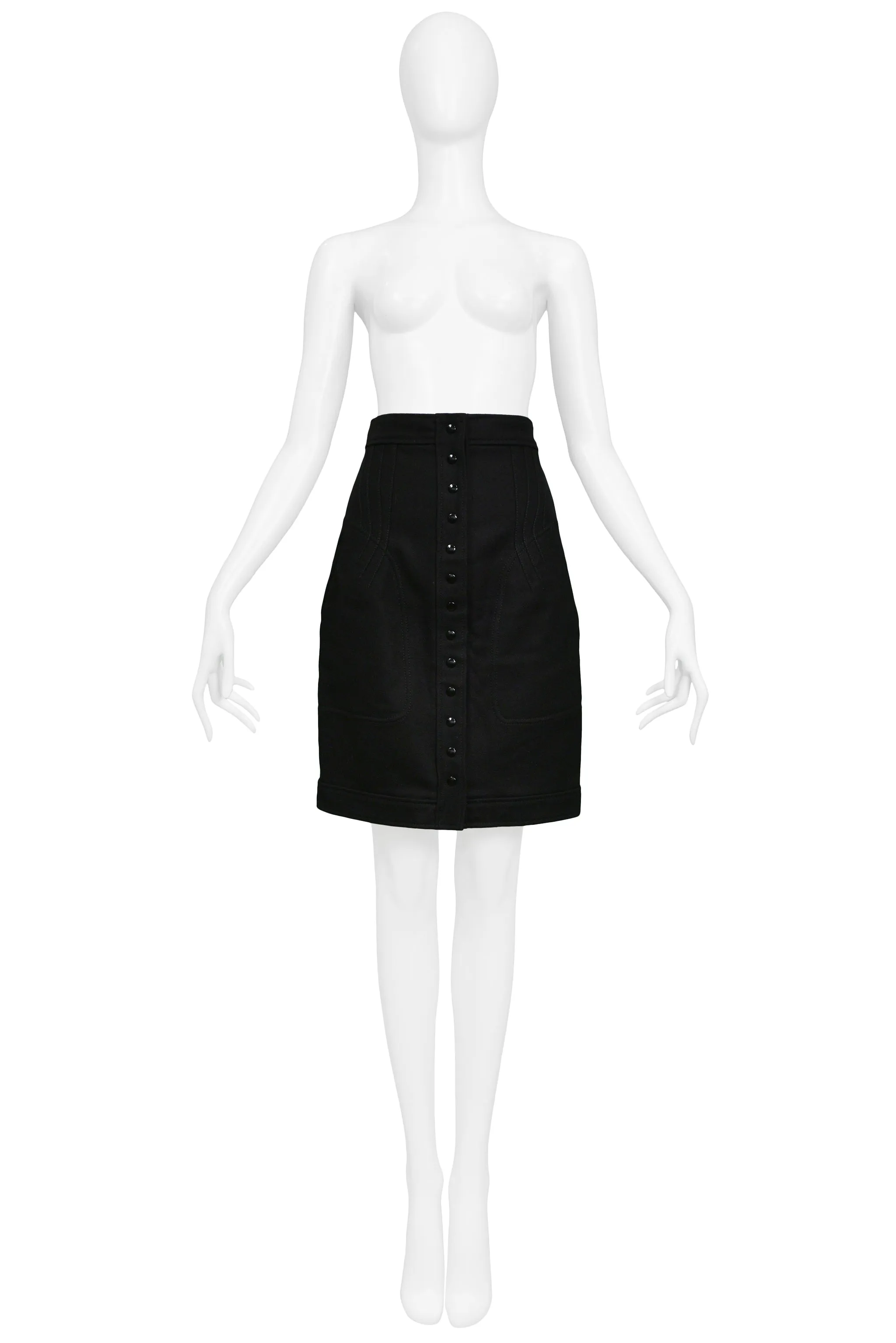 BALENCIAGA BY GHESQUIERE BLACK SNAP FRONT LIGHT WEIGHT WOOL SKIRT 2003