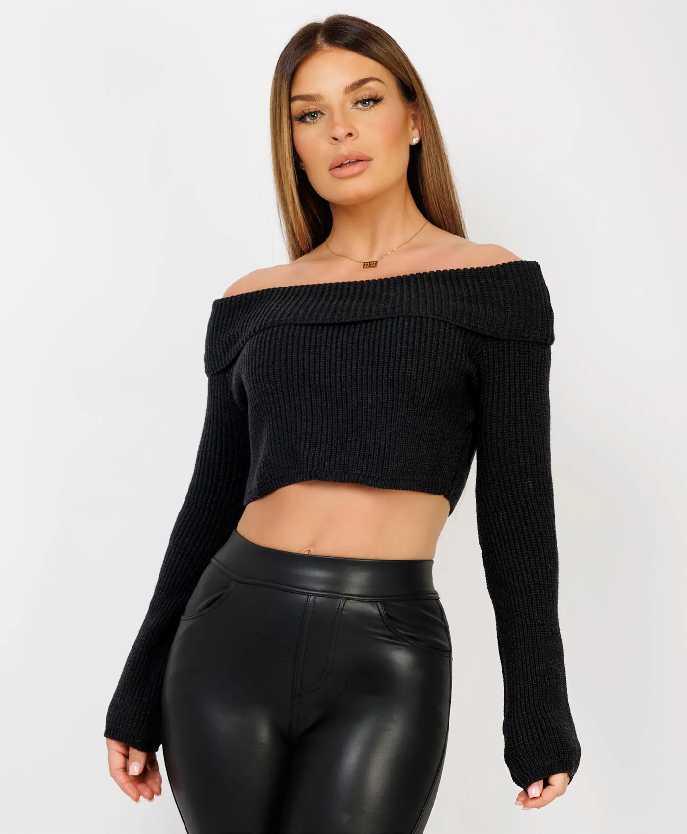 Black Off Shoulder Long Sleeve Cropped Ribbed Sweater