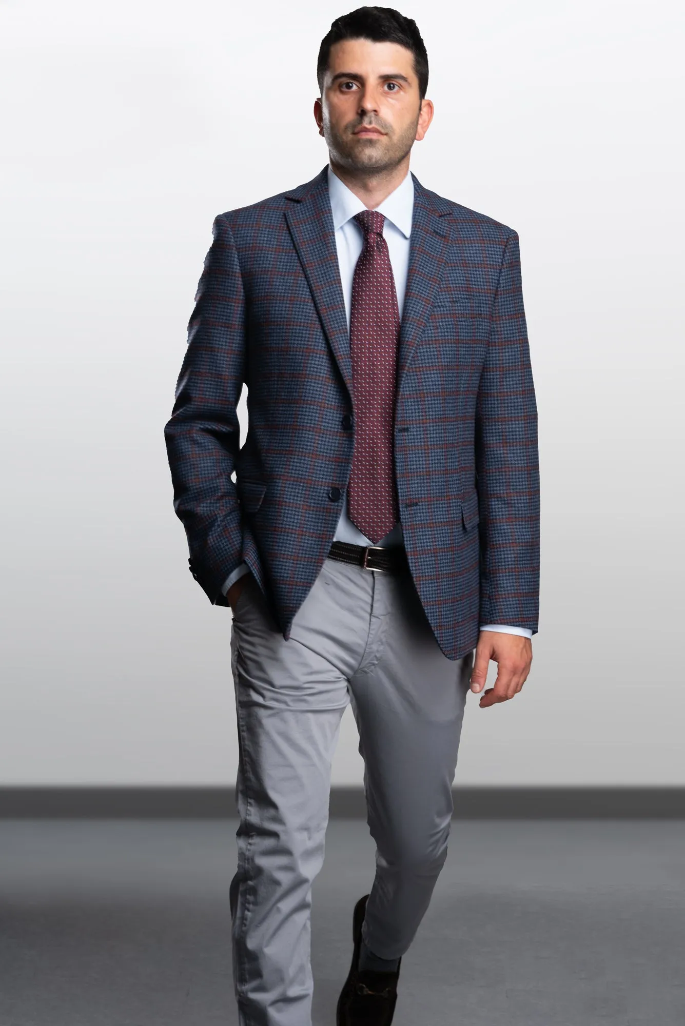 Blue Pied de poule Wool Blazer with Burgundy Windowpane