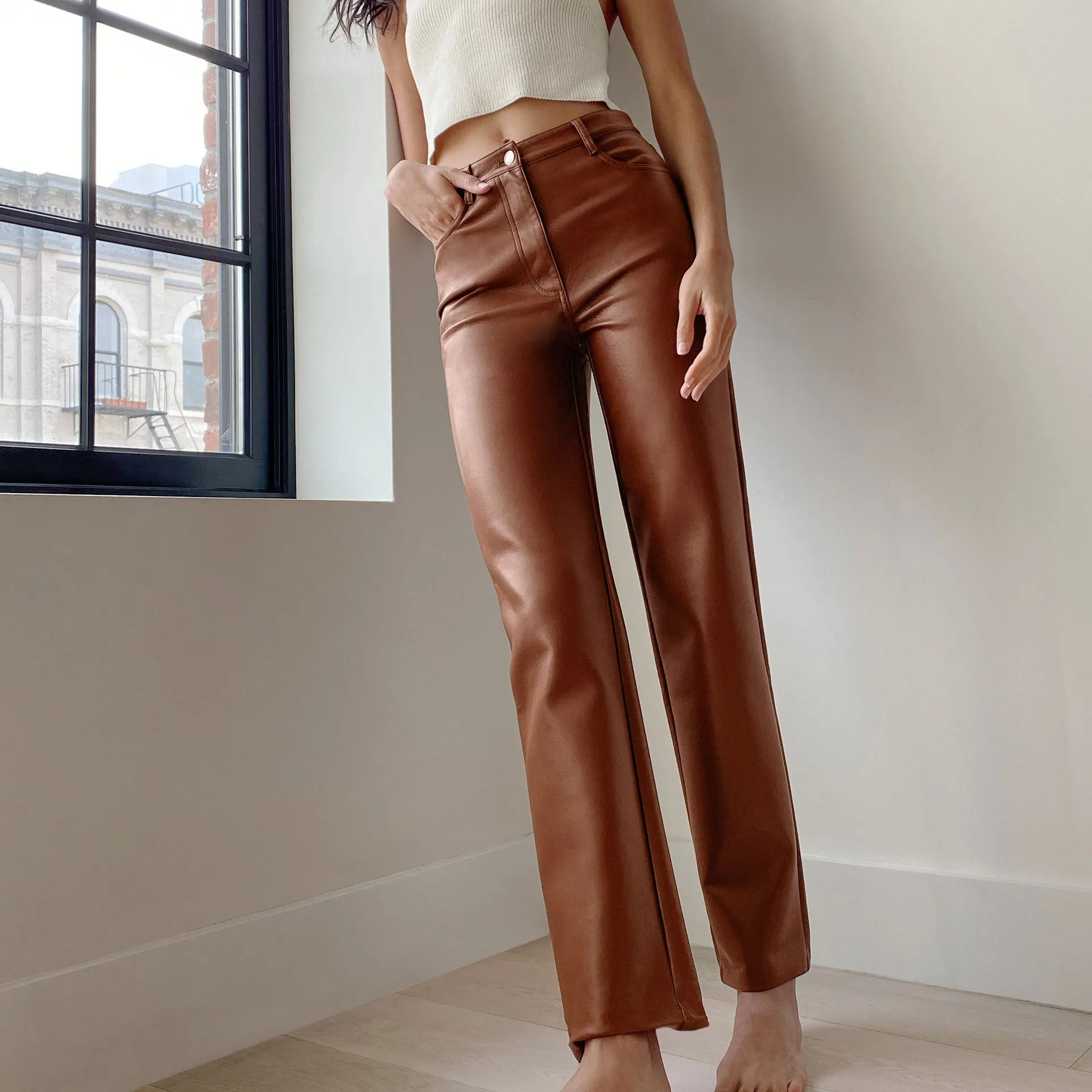 Brown Leather Pants French Style Temperament Leather Pants Women