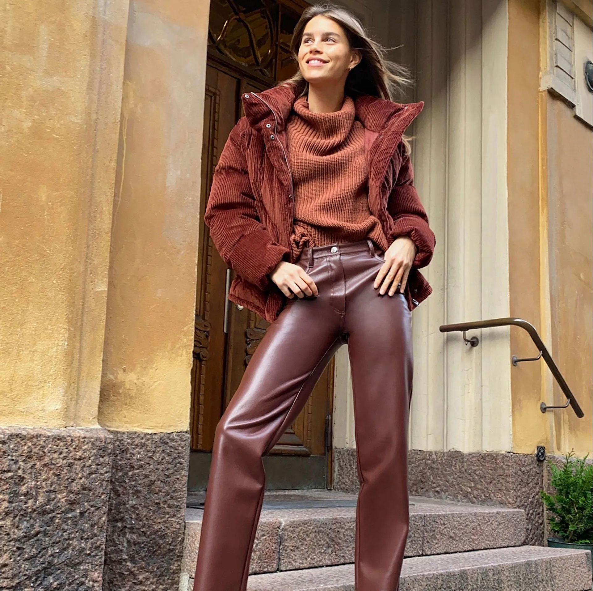 Brown Leather Pants French Style Temperament Leather Pants Women