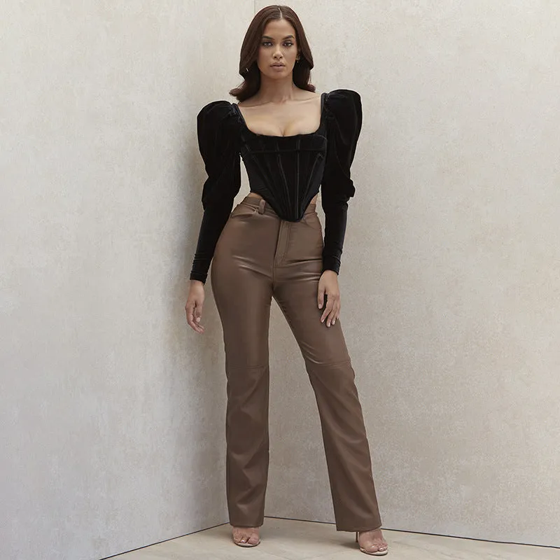 Brown Leather Pants I Autumn and Winter High Waist Sheath Pu Motorcycle Trousers for Women