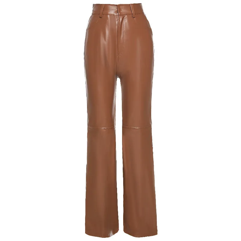 Brown Leather Pants I Autumn and Winter High Waist Sheath Pu Motorcycle Trousers for Women