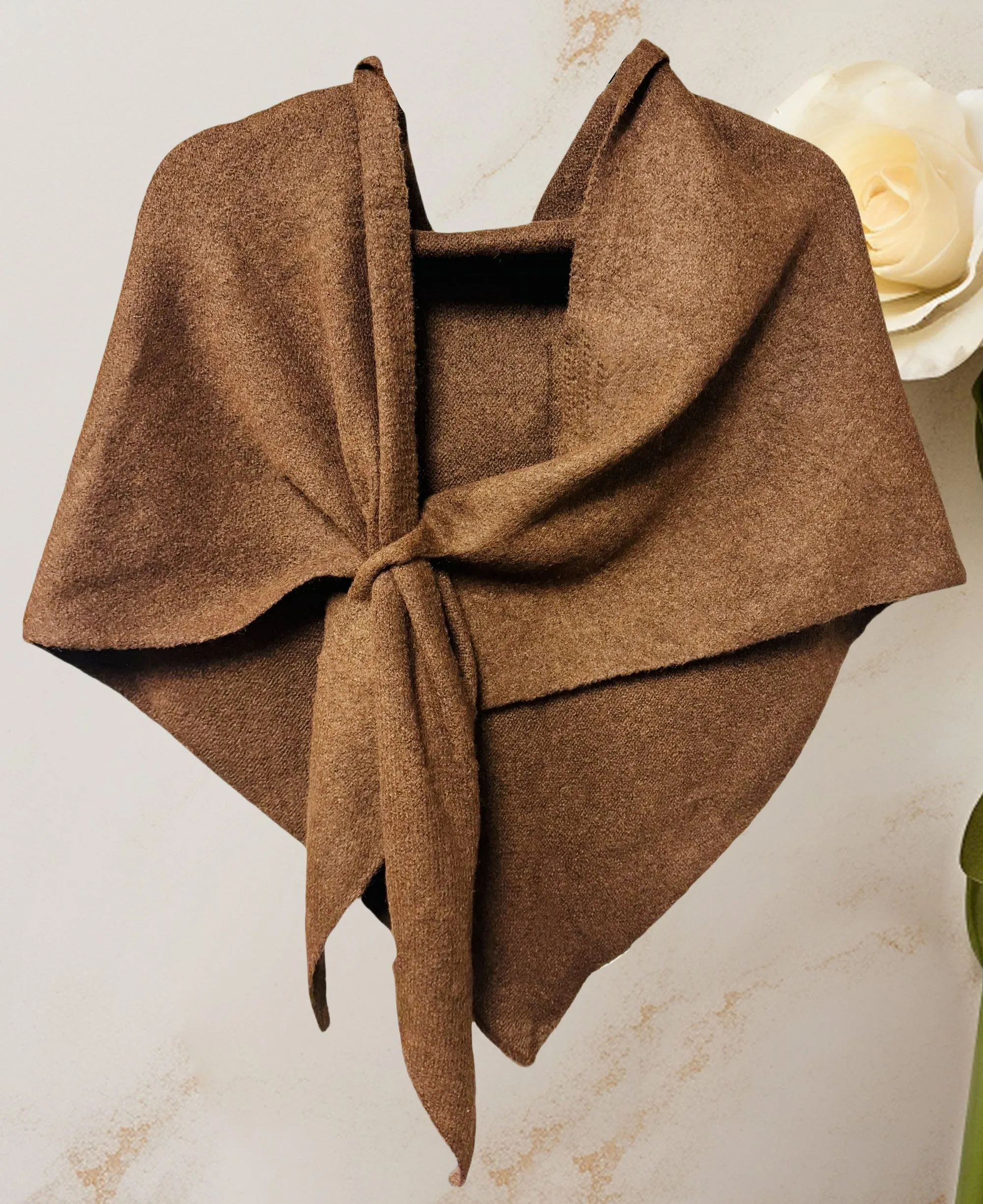 Cashmere-Blend Knit Triangle Shawl/Scarf with Cross-Front Design