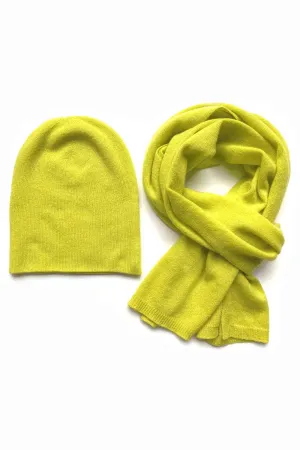 Cashmere hat and scarf set in neon yellow green