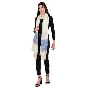 Cashmere Pashmina Embroidered Scarf (White and Blue)