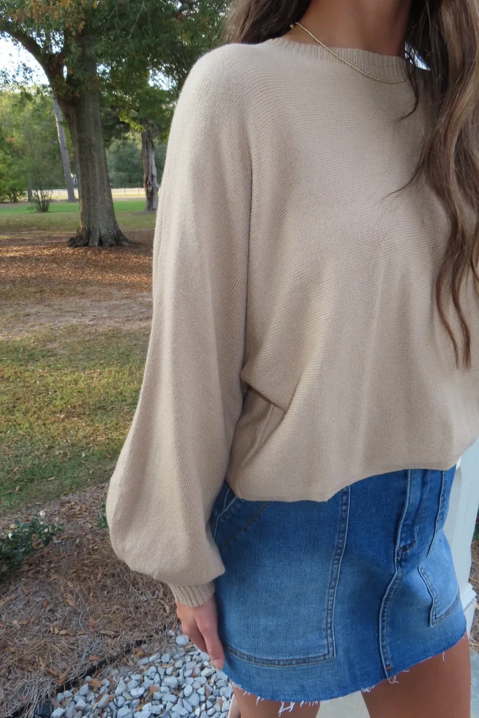 Casual Chats Cropped Puff Sleeve Thin Sweater Latte