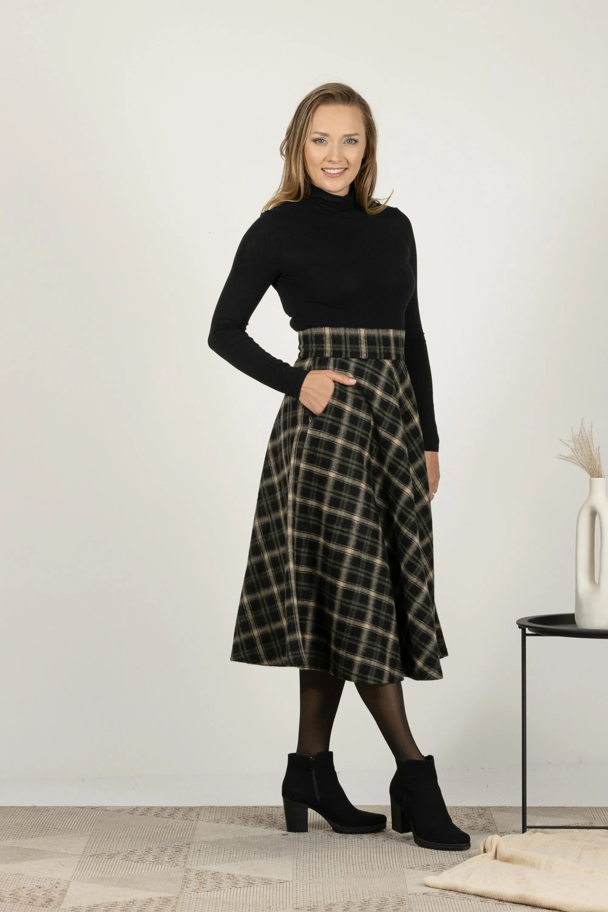 Dark Gray High Waist Wool Midi Skirt