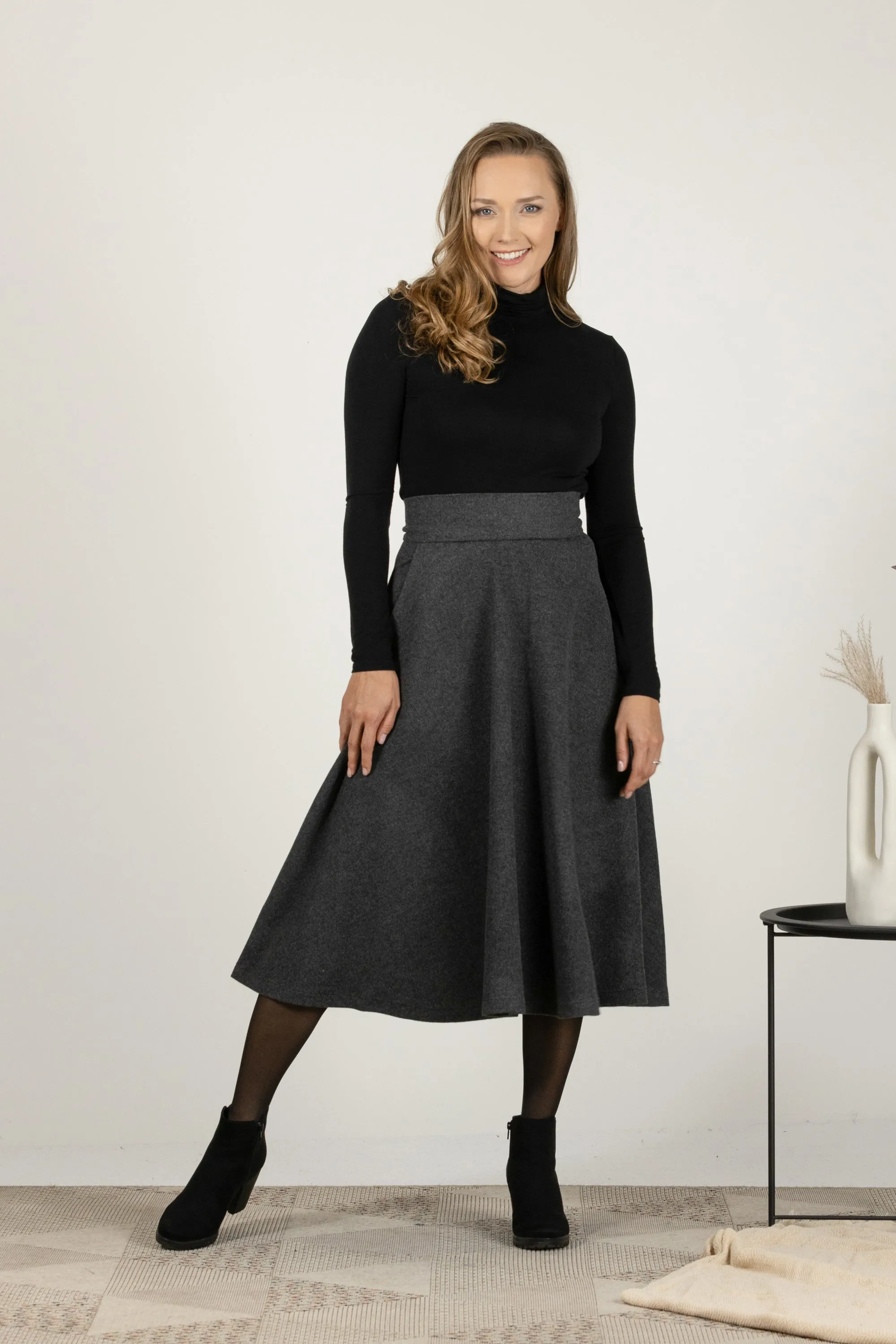 Dark Gray High Waist Wool Midi Skirt