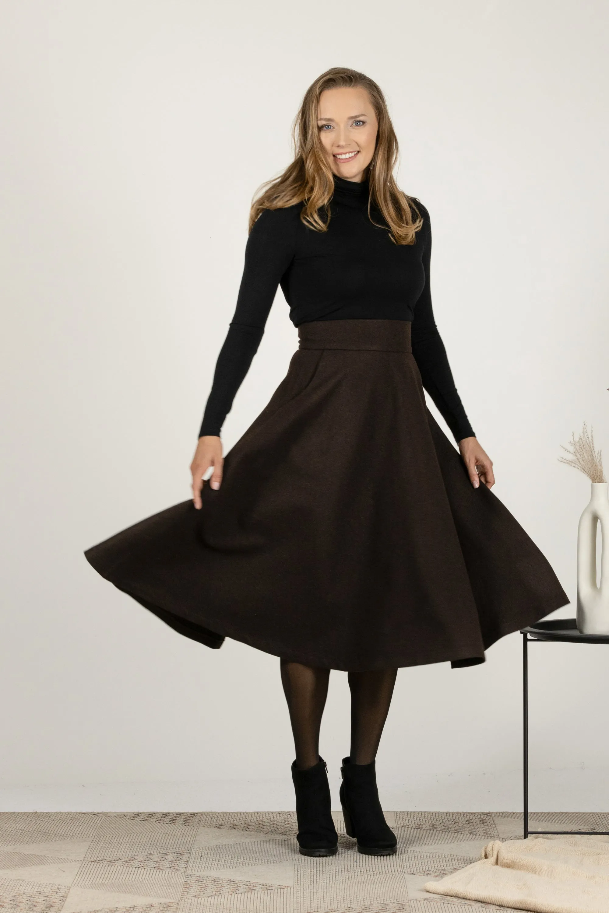 Dark Gray High Waist Wool Midi Skirt