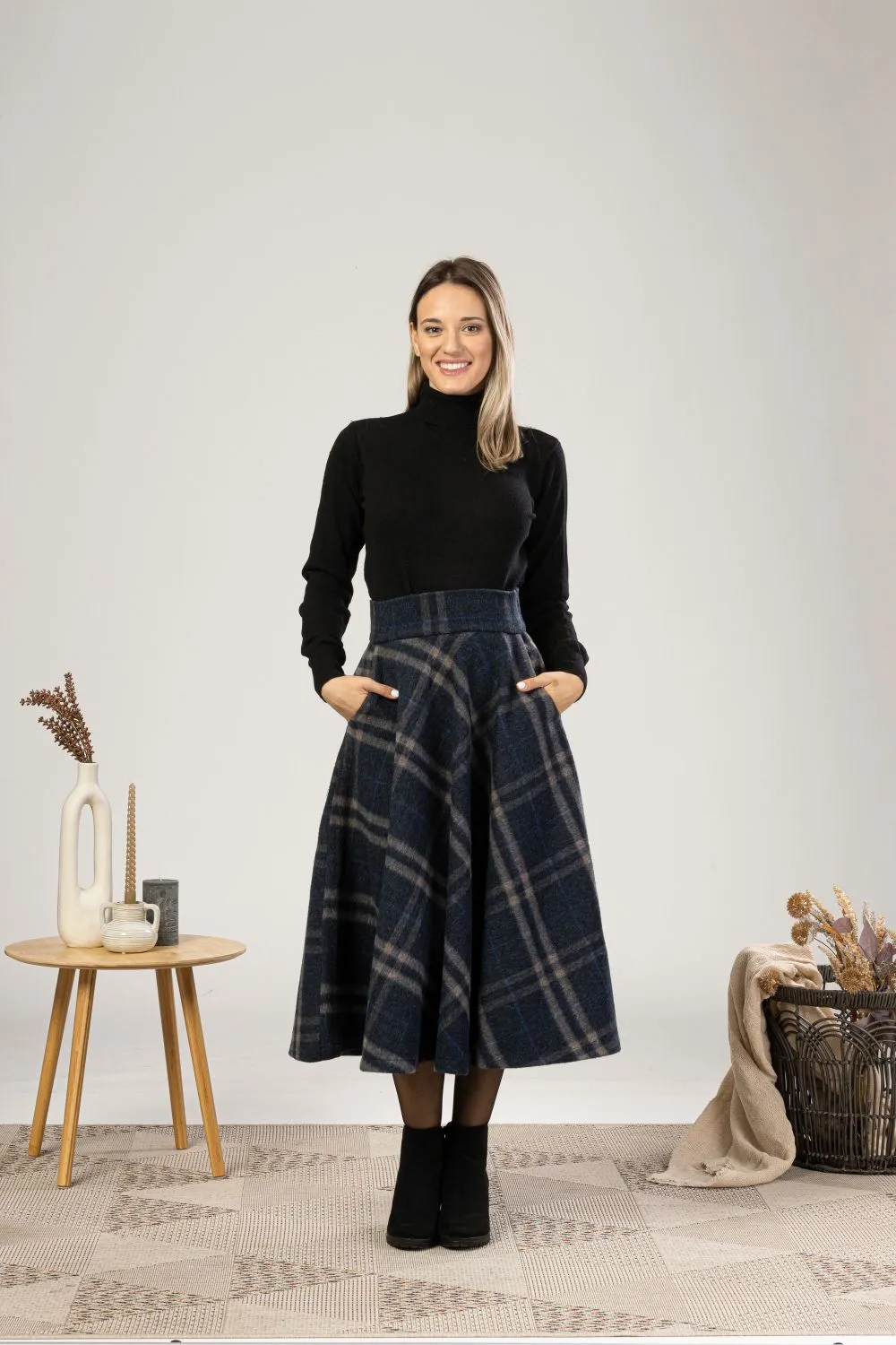 Dark Gray High Waist Wool Midi Skirt