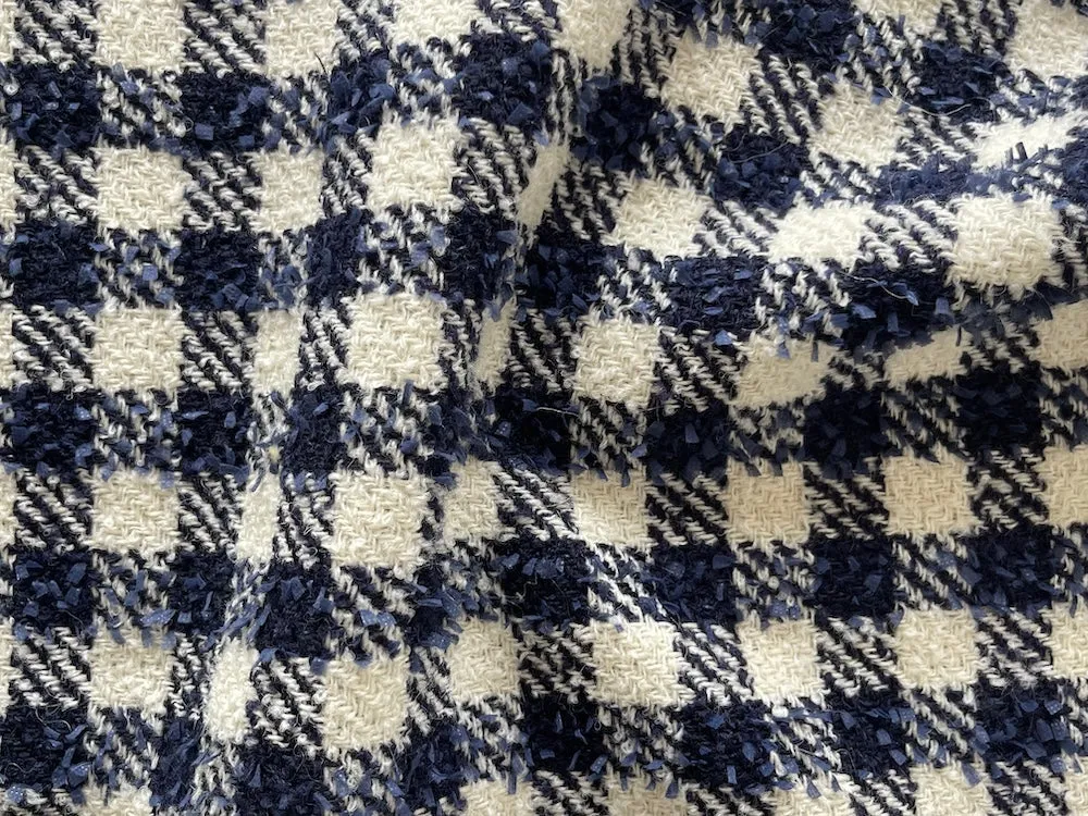 Designer Blueberry Creme Buffalo Check Wool Blend Bouclé (Made in Italy)