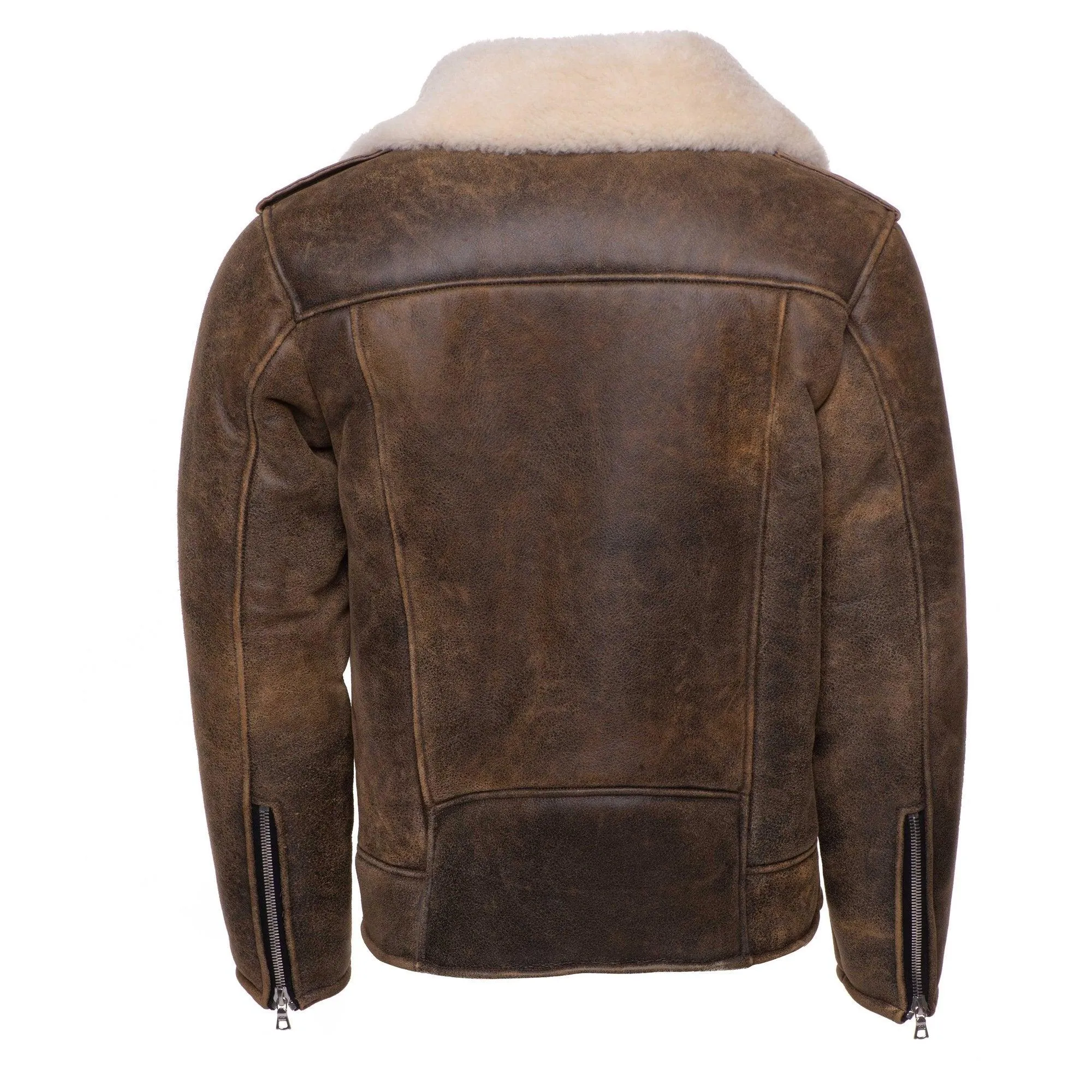 Distressed Biker bomber shearling jacket with notch lapels