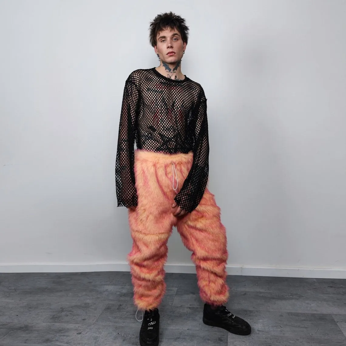 Festival faux fur joggers luminous detachable rave pants handmade fluorescent fleece party shorts premium tie-dye overalls in orange pink