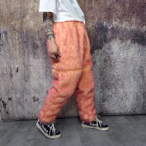 Festival faux fur joggers luminous detachable rave pants handmade fluorescent fleece party shorts premium tie-dye overalls in orange pink