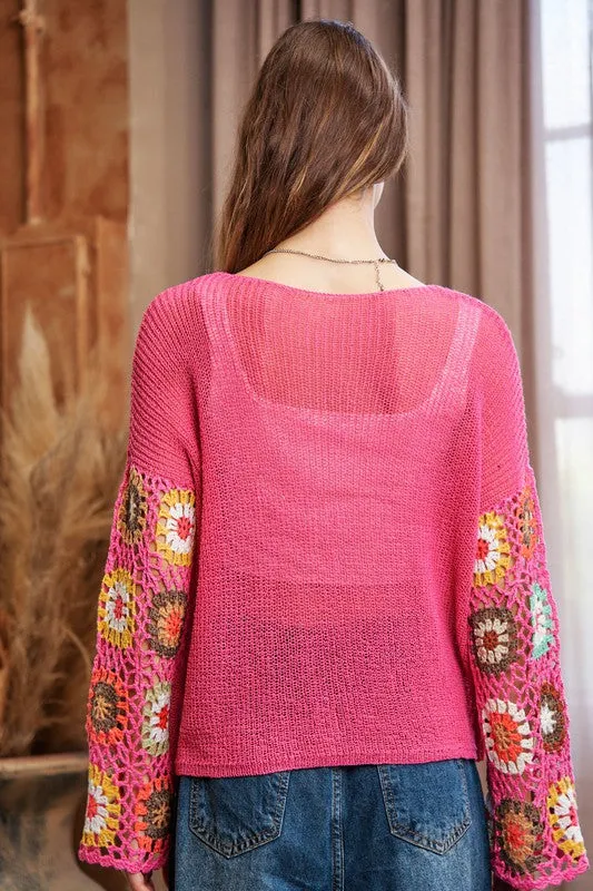 FLORAL LONG SLEEVE CROPPED KNIT SWEATER TOP - BLACK, PINK OR COCOA