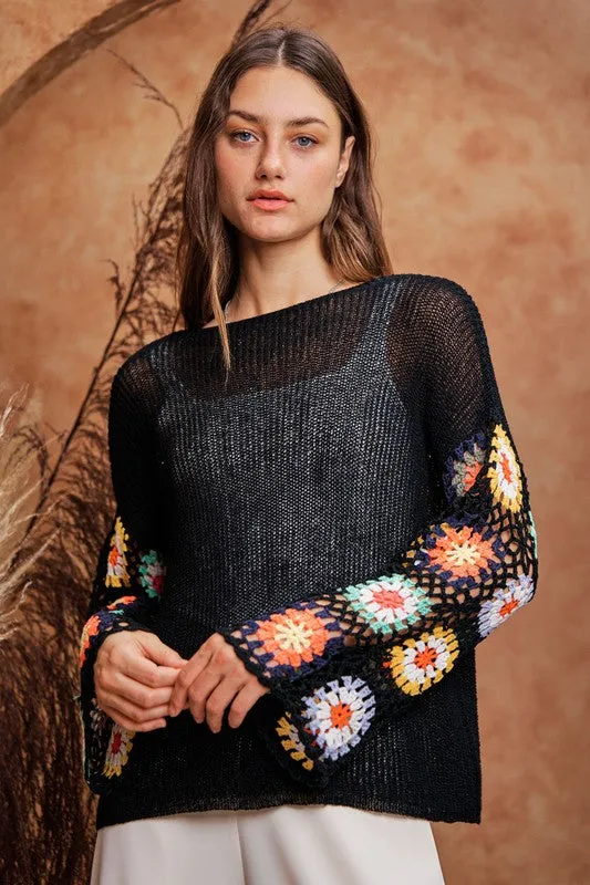 FLORAL LONG SLEEVE CROPPED KNIT SWEATER TOP - BLACK, PINK OR COCOA