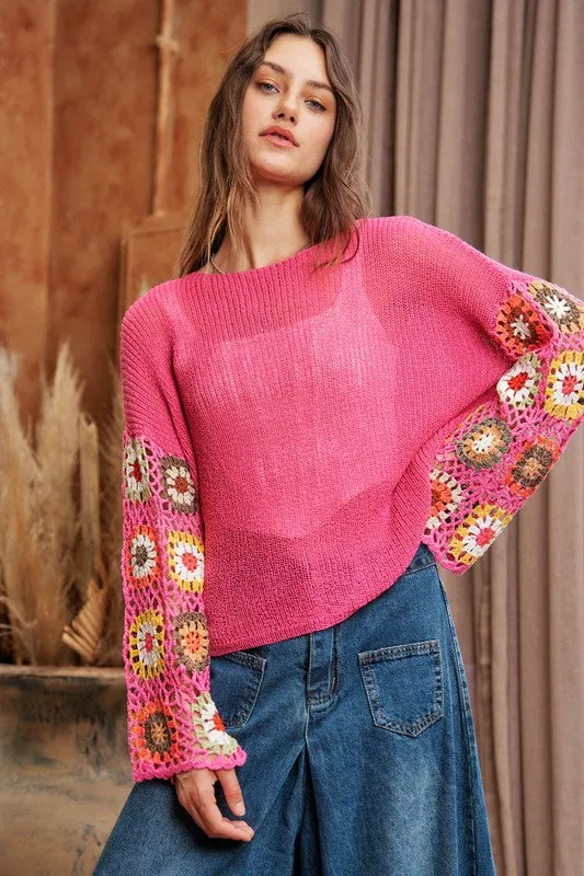 FLORAL LONG SLEEVE CROPPED KNIT SWEATER TOP - BLACK, PINK OR COCOA