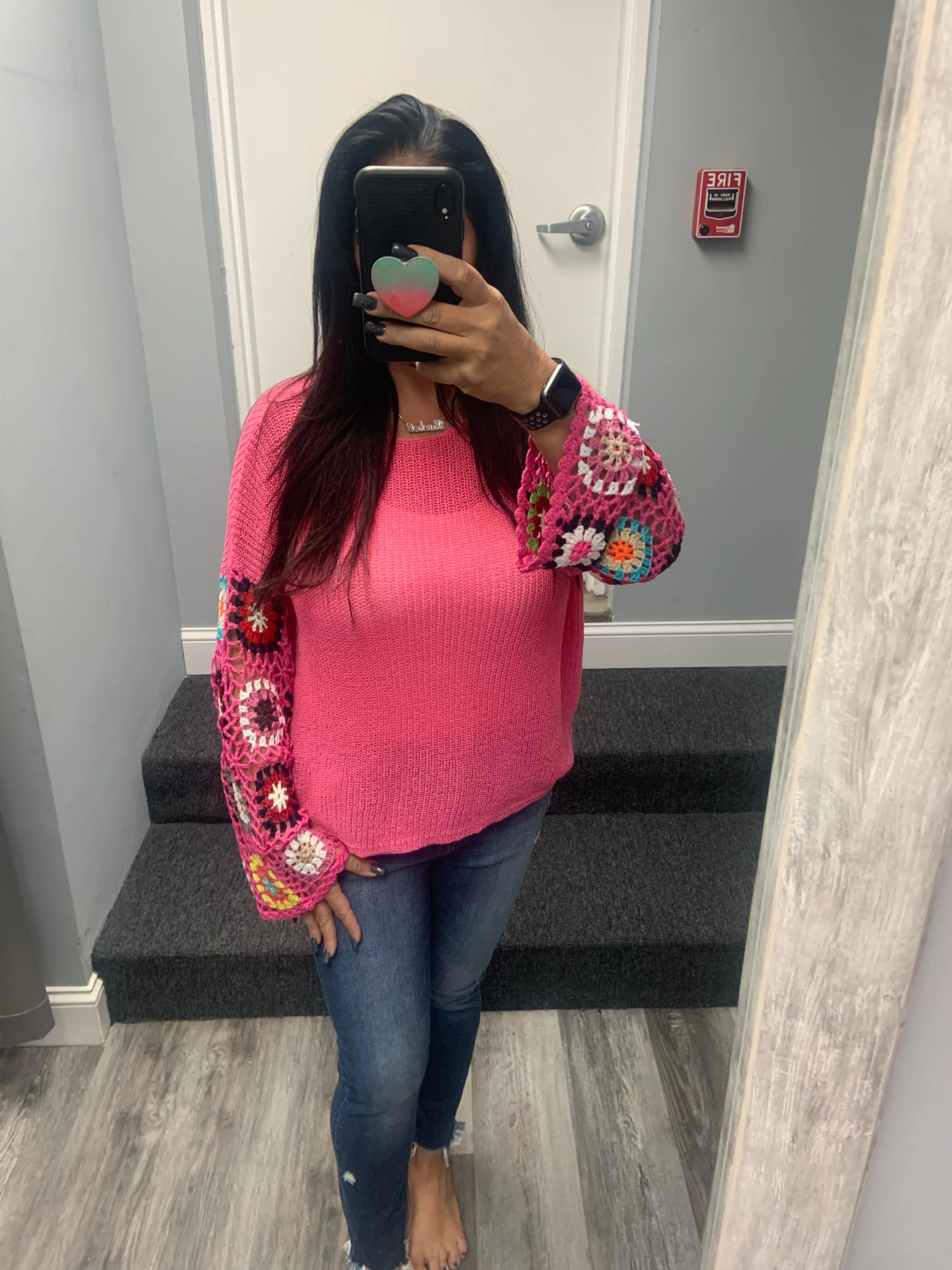 FLORAL LONG SLEEVE CROPPED KNIT SWEATER TOP - BLACK, PINK OR COCOA