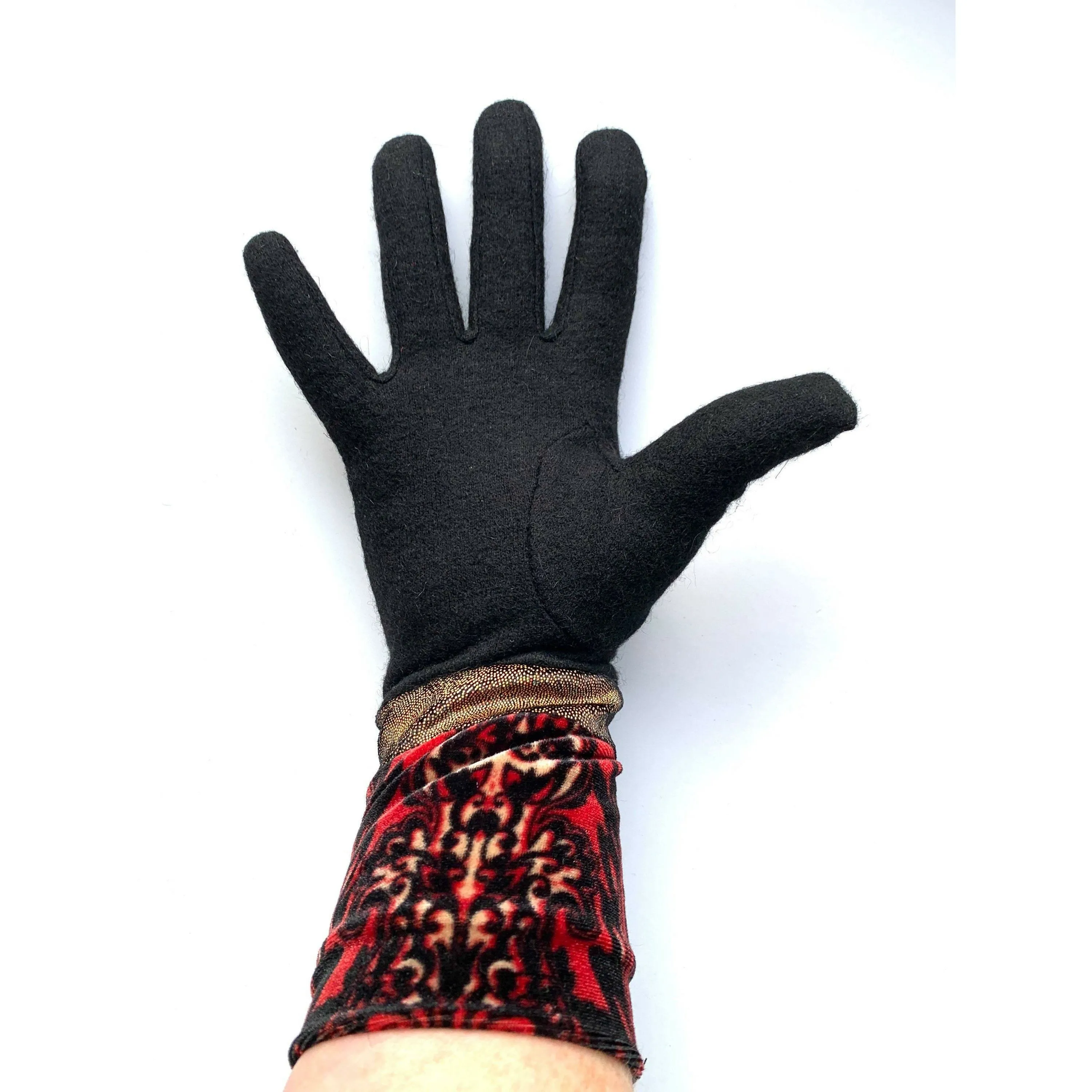 Fully lined black wool gloves in soft stretch velvet and shimmering gold. - Ew-La-La! Free shipping.