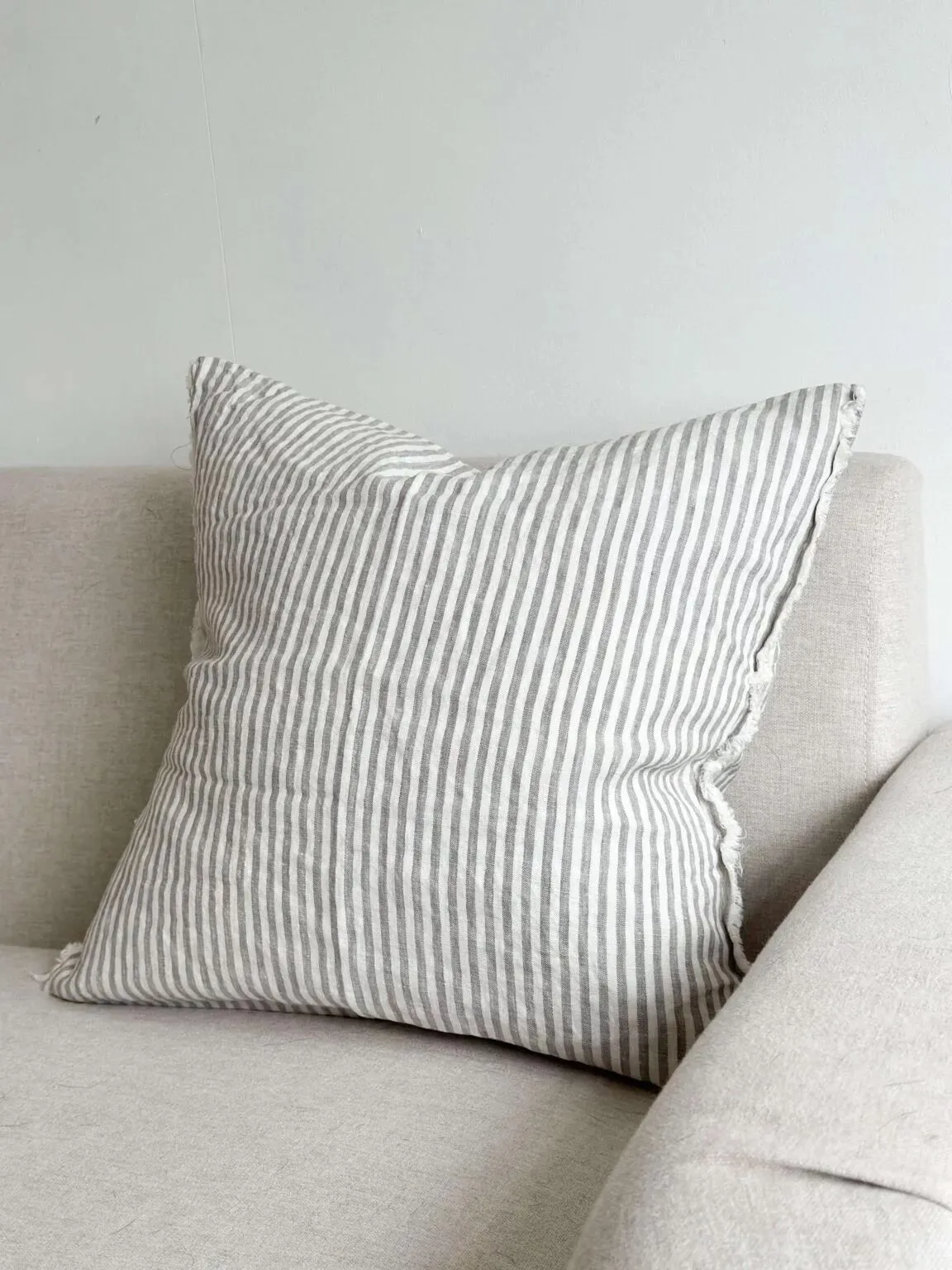 Grey Pinstripe Frayed Edge Linen Cushion Cover - 45cm x 45cm