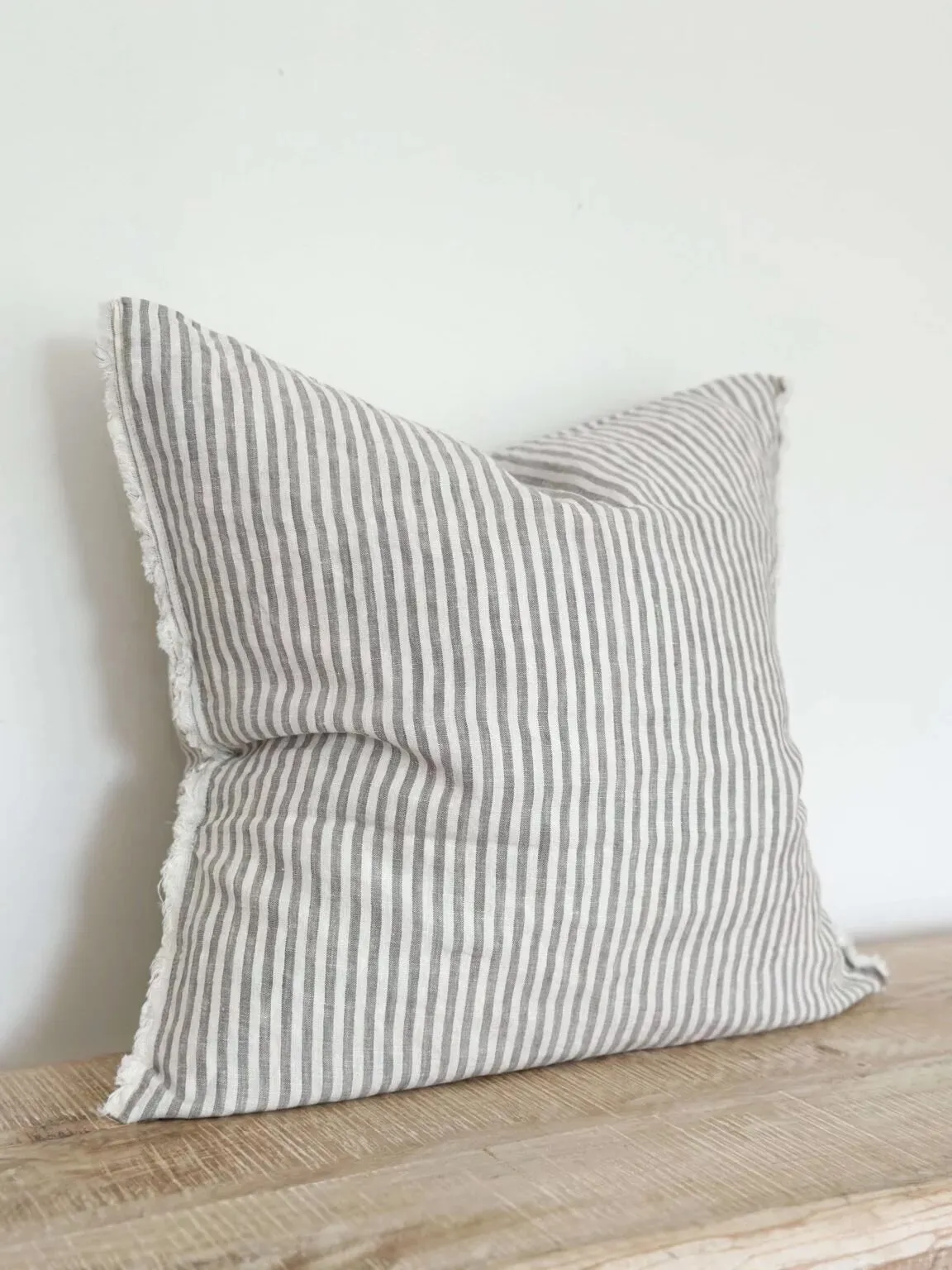 Grey Pinstripe Frayed Edge Linen Cushion Cover - 45cm x 45cm