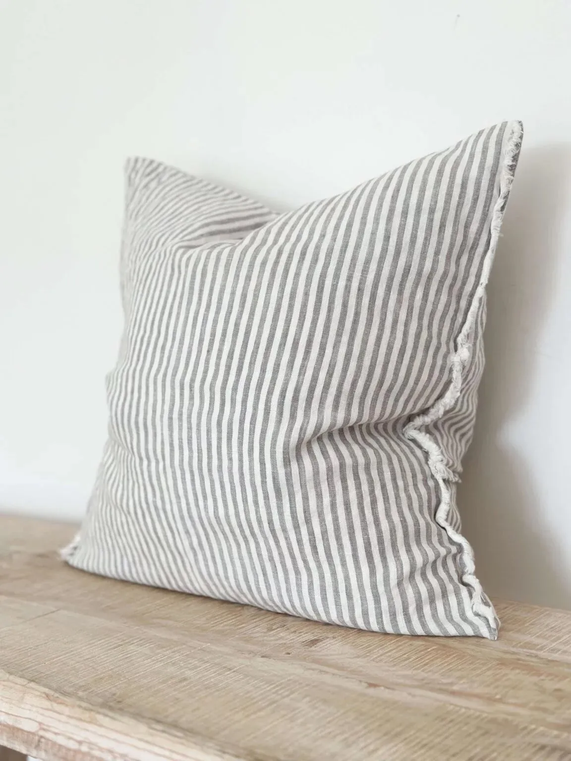 Grey Pinstripe Frayed Edge Linen Cushion Cover - 45cm x 45cm