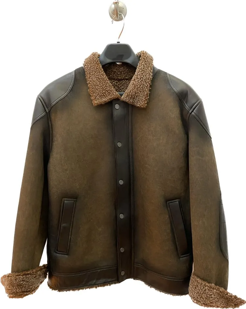 H286BOC - Cuadra brown casual fashion bomber shearling leather jacket for men