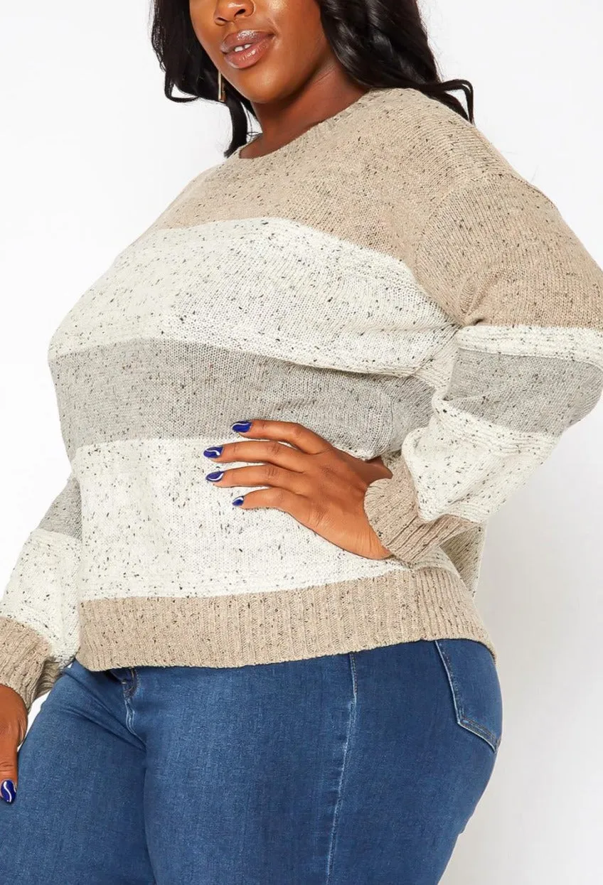 Hi Curvy Plus Size Color Splice Cable Knit Sweater