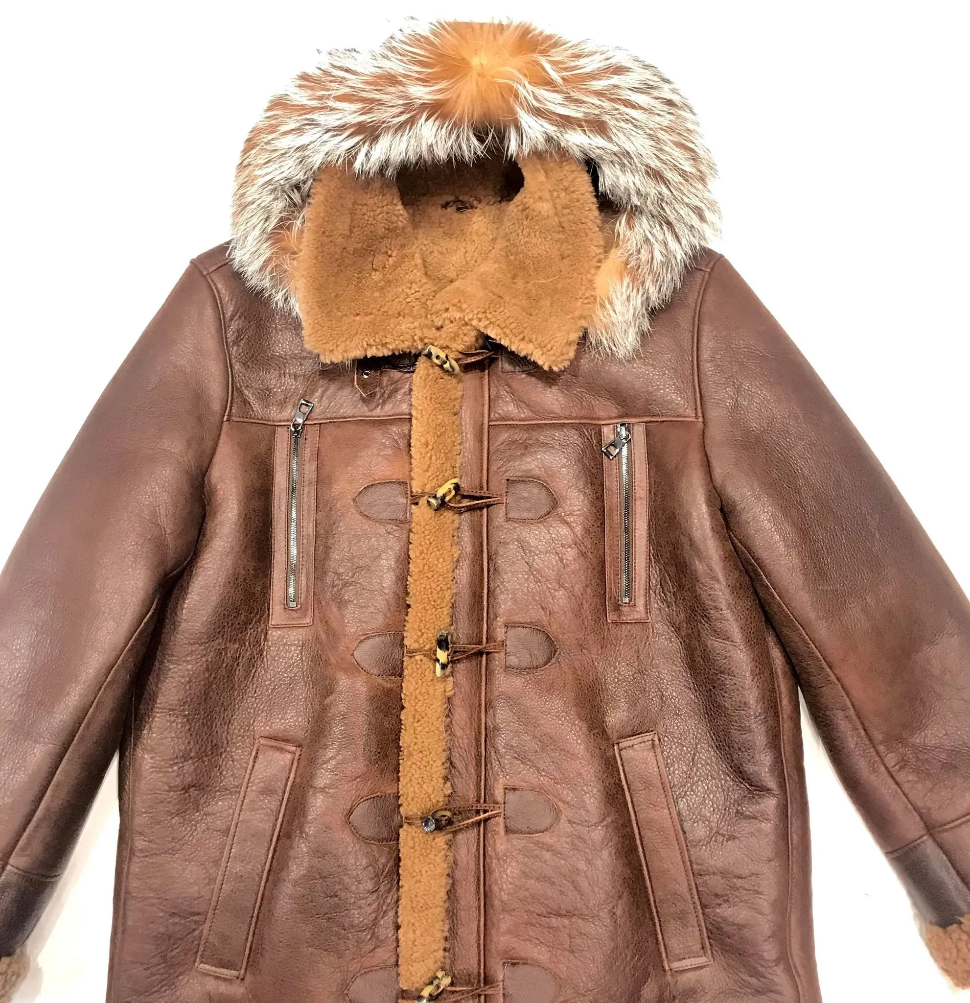 Kashani Chocolate Duffel Fox Hooded Shearling Jacket