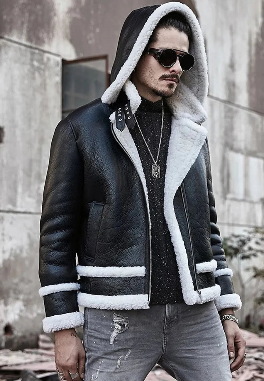 Men’s Aviator Removable Hood Black Leather White Shearling Jacket