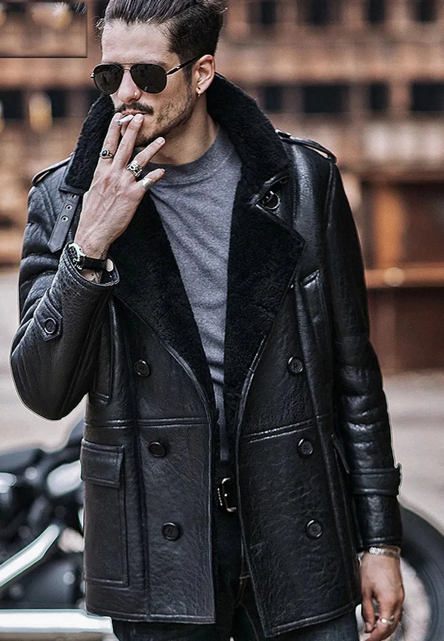 Men’s Black Leather Shearling Long Coat