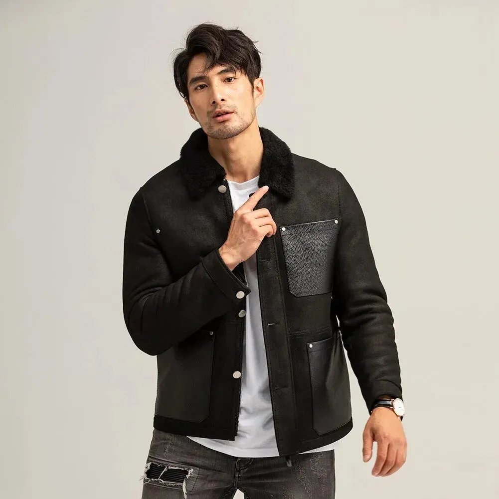 Men's Black Shearling Suede Jacket - Short Sheepskin Coat