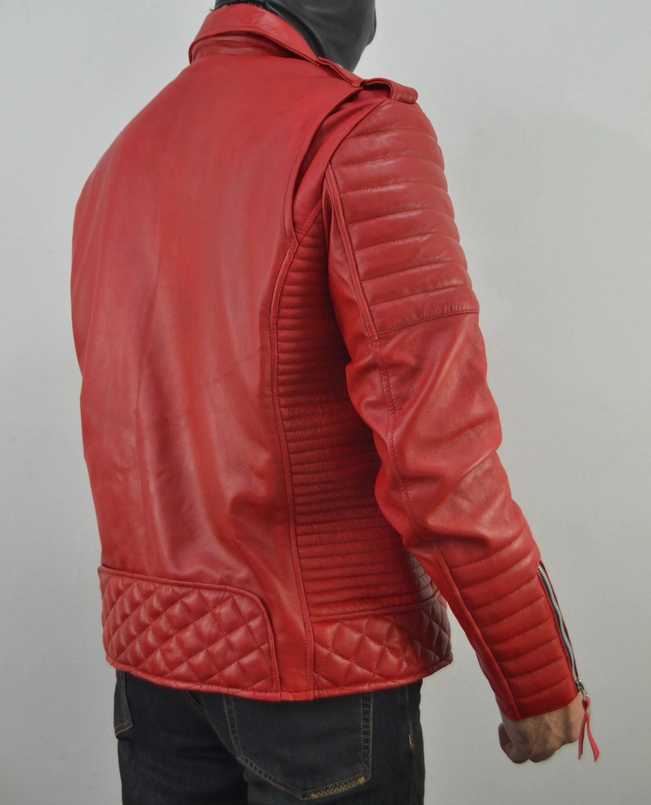 Men's Brando Quilted Padded Red Biker Motorcycle Leather Jacket