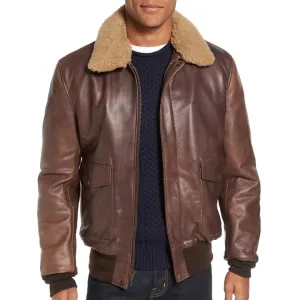 Mens Vintage Leather Bomber Jacket with Shearling Collar