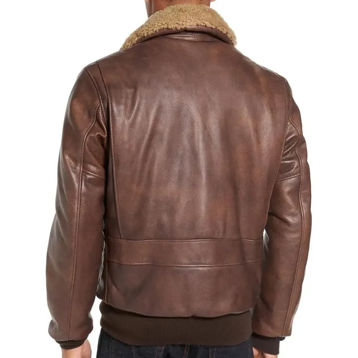 Mens Vintage Leather Bomber Jacket with Shearling Collar