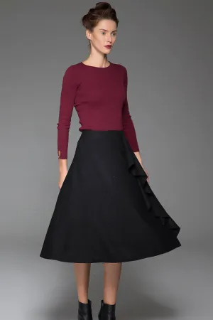 Mysterious Black Wool Skirt With Flower Lace on the Left Front Warm Black Skirt (1438)