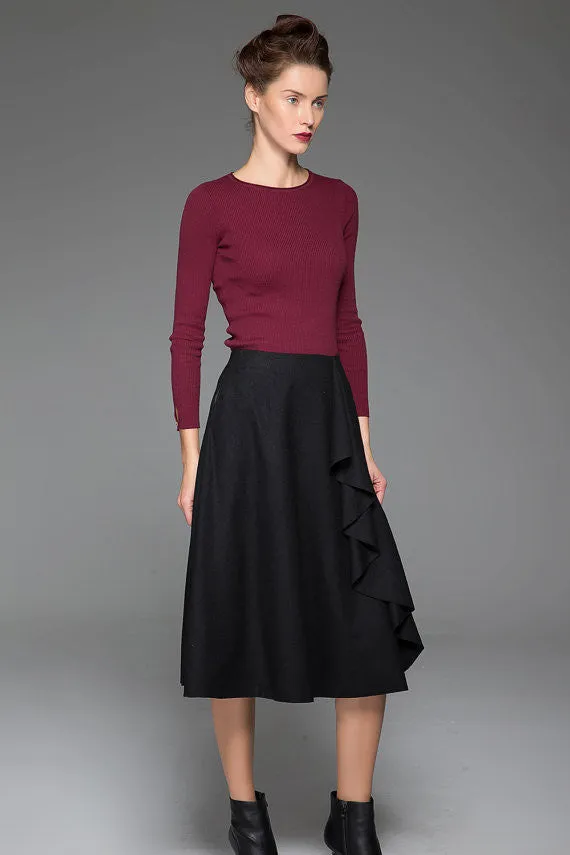 Mysterious Black Wool Skirt With Flower Lace on the Left Front Warm Black Skirt (1438)