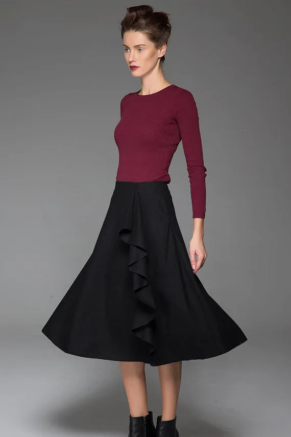 Mysterious Black Wool Skirt With Flower Lace on the Left Front Warm Black Skirt (1438)